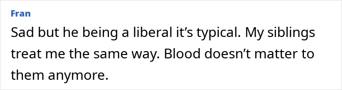 Comment from Fran expressing feelings about sibling treatment and mentioning typical liberal behavior, related to Jason Bateman raises eyebrows.