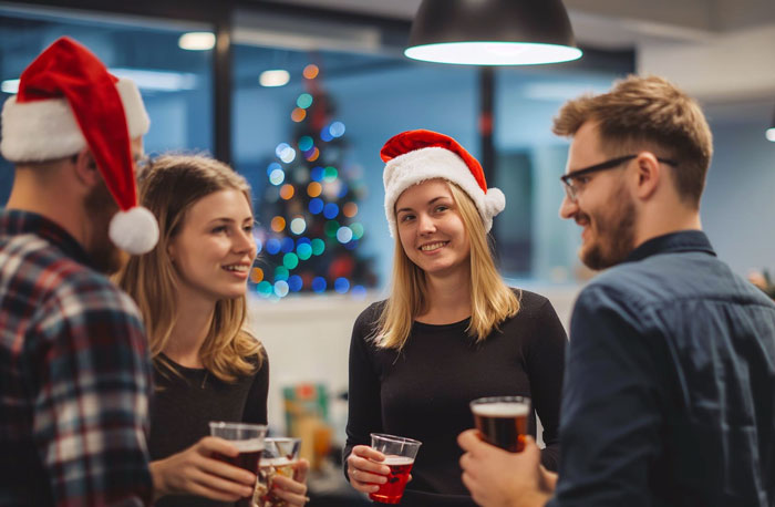 Woman refusing to be third wheel in marriage, wearing Santa hats at holiday party with friends holding drinks. Woman refusing to be third wheel in marriage, wearing Santa hats at holiday party with friends holding drinks.