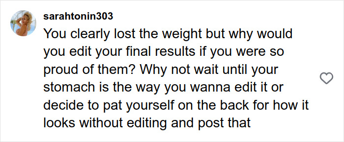 Comment criticizing photo editing, discussing weight loss and final results in a conversation about Jenelle Evans's drastic mommy makeover. Comment criticizing photo editing, discussing weight loss and final results in a conversation about Jenelle Evans's drastic mommy makeover.