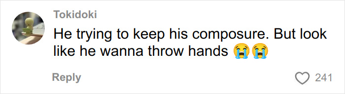 Comment on social media post expressing someone trying to keep composure but appearing ready to fight, with crying emojis visible.