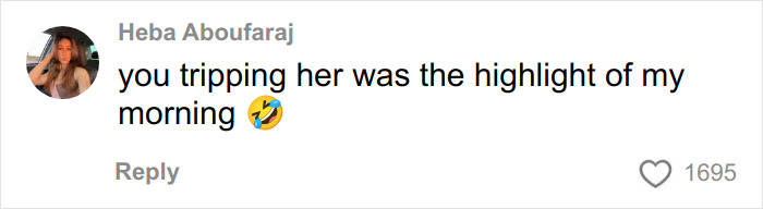 Screenshot of a social media comment reacting humorously with an emoji, highlighting engagement on the post about a Karen drunken rampage. Screenshot of a social media comment reacting humorously with an emoji, highlighting engagement on the post about a Karen drunken rampage.