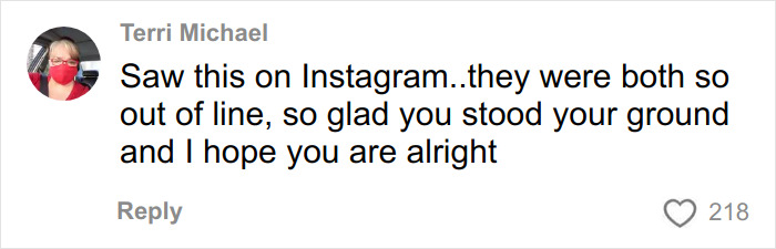 Comment from Terri Michael on social media, expressing support after a drunken rampage involving a tech executive. Comment from Terri Michael on social media, expressing support after a drunken rampage involving a tech executive.