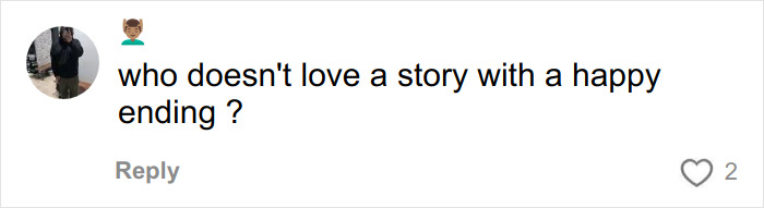 Comment on social media by user with avatar, mentioning a story with a happy ending, related to Karen drunken rampage tech executive news. Comment on social media by user with avatar, mentioning a story with a happy ending, related to Karen drunken rampage tech executive news.