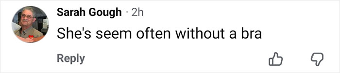 Comment by Sarah Gough reading she's seem often without a bra, responding to discussion about Kate Hudson's dress detail. Comment by Sarah Gough reading she's seem often without a bra, responding to discussion about Kate Hudson's dress detail.