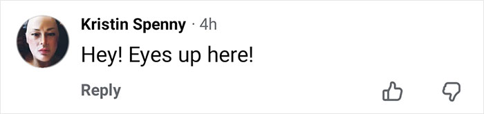 Comment from Kristin Spenny saying Hey Eyes up here in response to fans spotting detail on Kate Hudson's dress creating frenzy. Comment from Kristin Spenny saying Hey Eyes up here in response to fans spotting detail on Kate Hudson's dress creating frenzy.