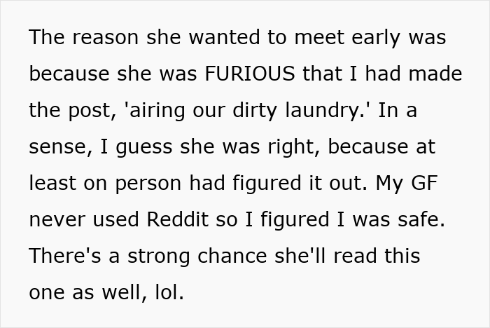 Text excerpt from a man's post about lending his girlfriend a spare keyboard and her unexpected reaction leading to a breakup.