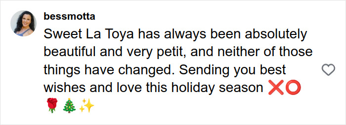 Comment expressing support for La Toya Jackson&rsquo;s slim appearance amid possible health issues during the holiday season.