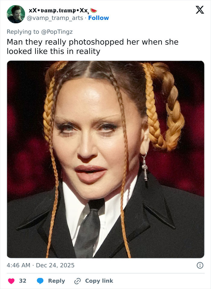 Madonna close-up portrait with braided hairstyle and earrings, highlighting photoshopped holiday lingerie photoshoot debate.