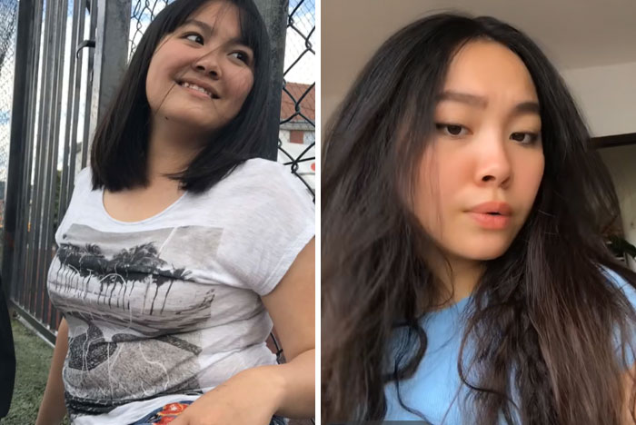 Before and after photos of a woman showing her amazing glow-ups in a new man in the mirror transformation trend.