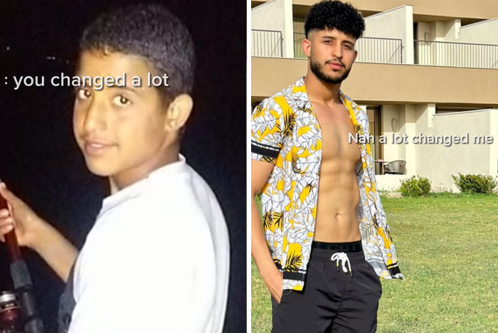 Side-by-side photos showing a young man’s amazing glow-up transformation over time outdoors and at night.