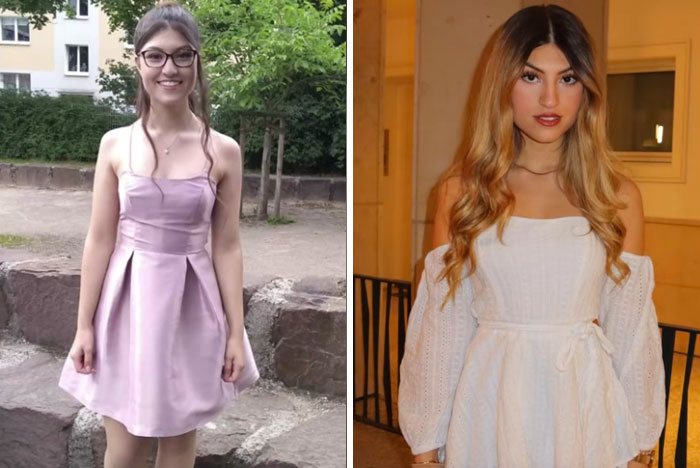 Side-by-side photos of a woman showing an amazing glow-up transformation wearing different dresses in different settings.