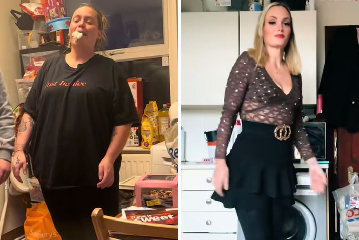 Side-by-side images showing an impressive glow-up transformation shared by people in the Man In The Mirror trend.