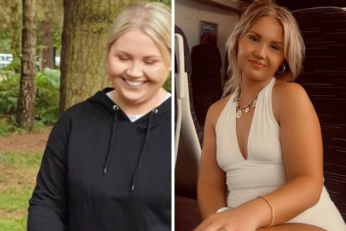 Before and after glow-up photos of a young woman showcasing an inspiring man in the mirror transformation.