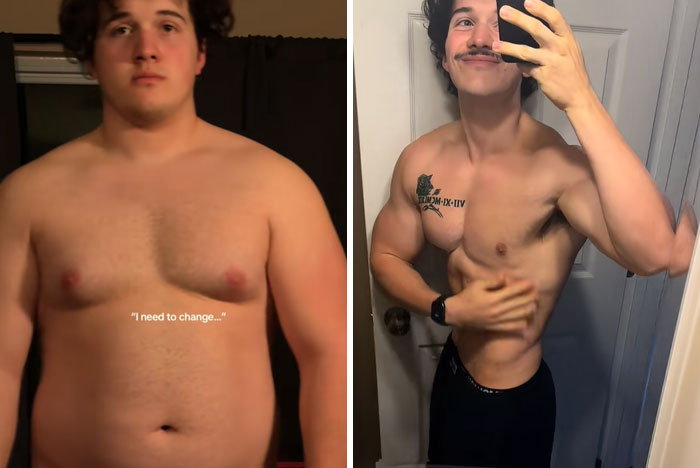 Before and after photos of a man showing an impressive glow-up transformation with improved muscle tone and confidence.