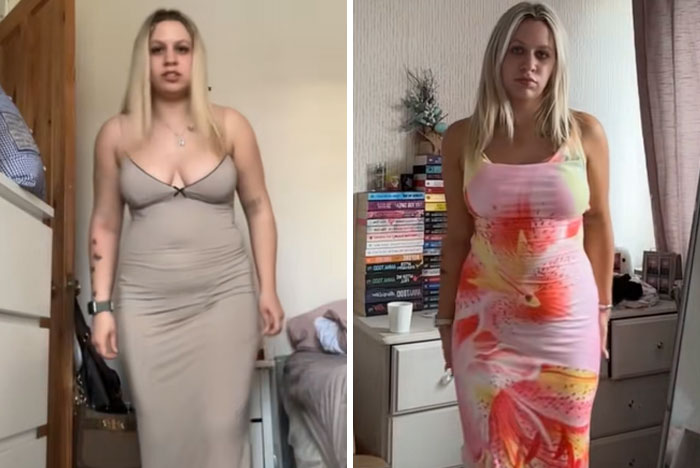 Side-by-side images of a woman showing an inspiring glow-up transformation in a fitted dress indoors.