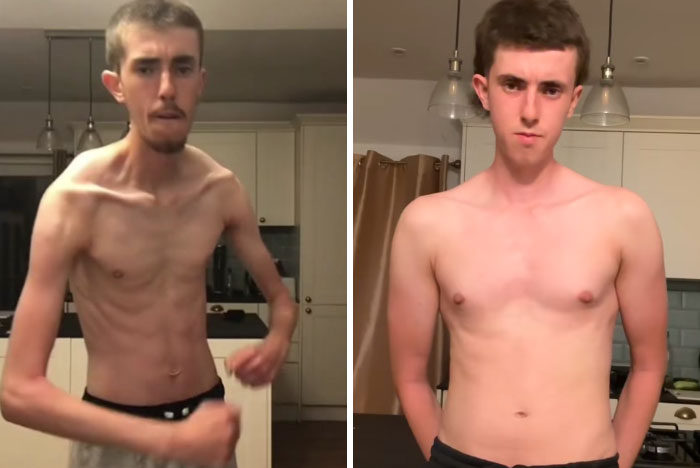 Young man showing amazing glow-up transformation, before and after photos highlighting physical changes in a home setting.