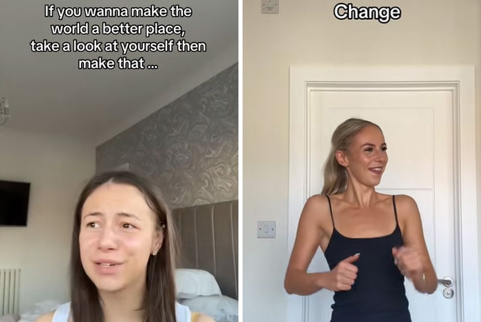 Side-by-side images of a woman sharing her glow-up transformation in the new Man In The Mirror trend.