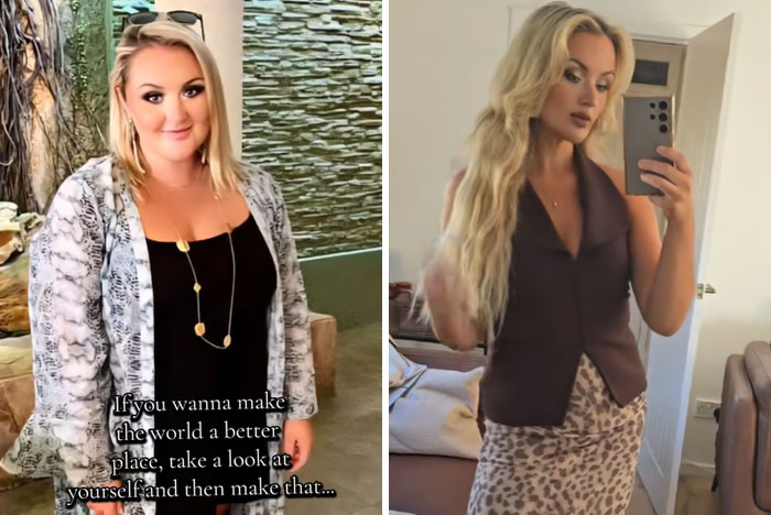 Side-by-side images of a woman showcasing her amazing glow-up transformation in a mirror selfie and outdoor setting.