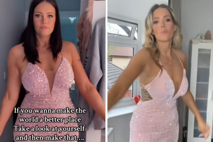 Two women in sparkly dresses sharing their amazing glow-ups in a man in the mirror transformation video.