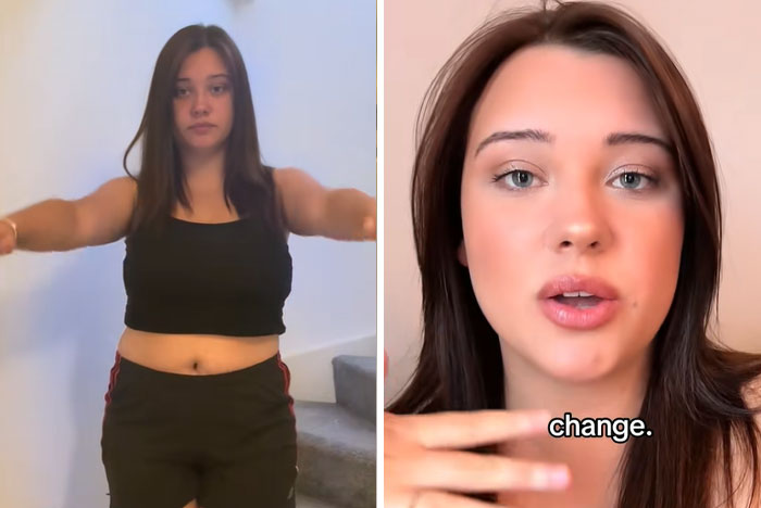 Side-by-side images of a woman showing her glow-up transformation inspired by Man in the Mirror trend.