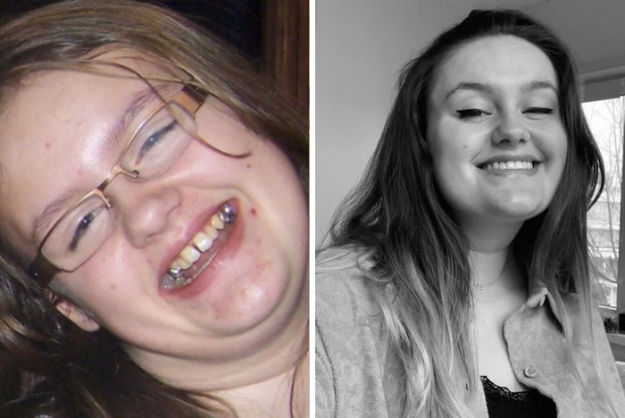 Side-by-side before and after photos of a woman showing an amazing glow-up transformation for man in the mirror.