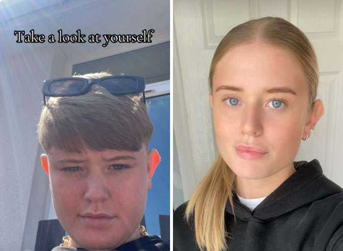 Side-by-side images showing a man in the mirror transformation highlighting amazing glow-ups and personal changes.