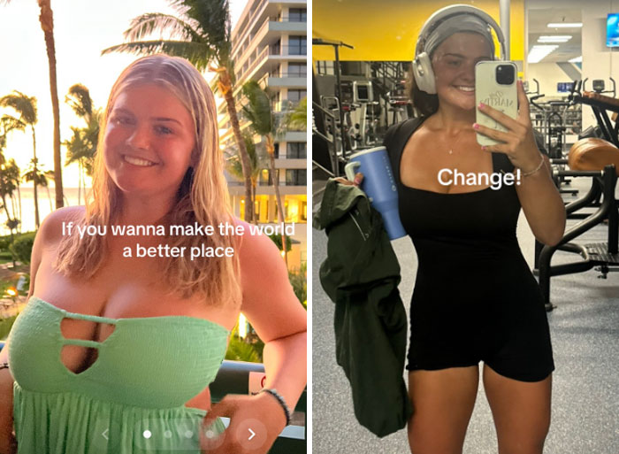 Side-by-side photos of a woman showing her glow-up transformation in bright outdoor and gym settings.