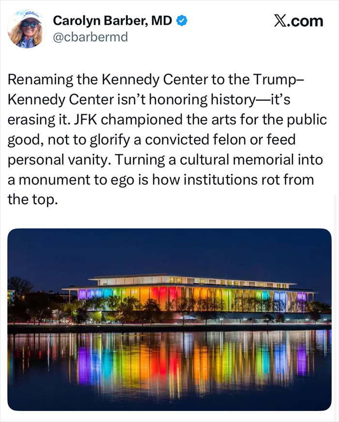 Tweet discussing controversy over Kennedy Center renaming, with colorful nighttime photo of Kennedy Center reflecting on water. Tweet discussing controversy over Kennedy Center renaming, with colorful nighttime photo of Kennedy Center reflecting on water.