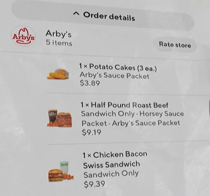 Screenshot of DoorDash order details from Arby's showing items and prices related to DoorDasher pepper-spraying incident. Screenshot of DoorDash order details from Arby's showing items and prices related to DoorDasher pepper-spraying incident.