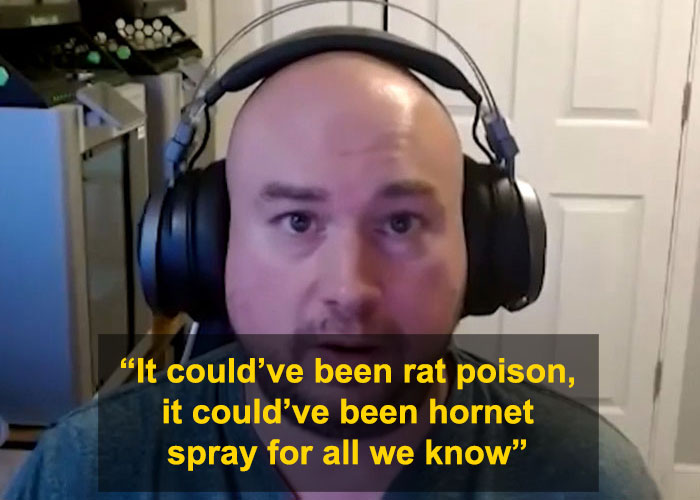 Man wearing large black headphones speaks in a home office setting with quote about pepper spraying food from DoorDasher arrest story. Man wearing large black headphones speaks in a home office setting with quote about pepper spraying food from DoorDasher arrest story.