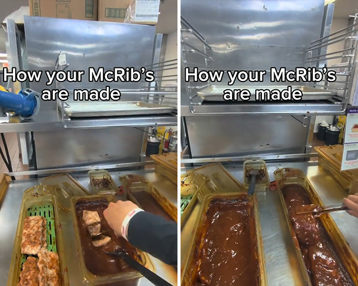McDonald's worker preparing McRib sauce in kitchen, revealing how McRib is made behind the scenes. McDonald's worker preparing McRib sauce in kitchen, revealing how McRib is made behind the scenes.