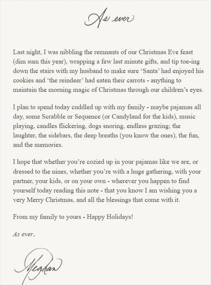 Handwritten Meghan Markle Christmas message letter sparking Prince Harry split rumors, focusing on family and holiday wishes.