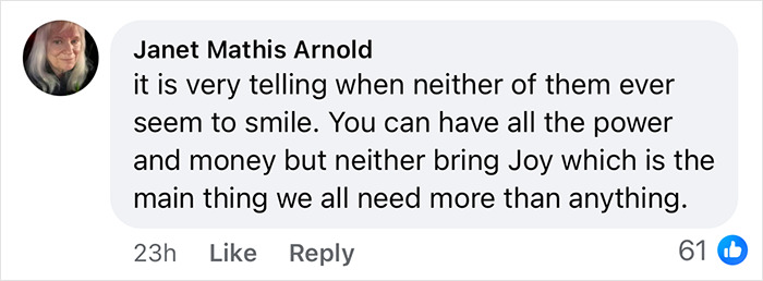 Facebook comment criticizing Melania and Donald Trump's Christmas card for lack of smiles, reflecting miserable appearance backlash online.