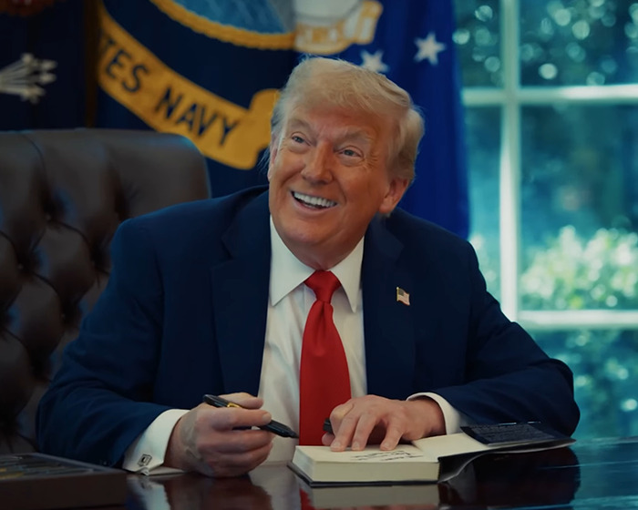 Donald Trump smiling inside Oval Office, signing a book with U.S. Navy flag in the background, related to Christmas card reaction.