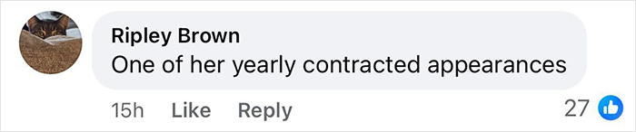 Comment by Ripley Brown saying one of her yearly contracted appearances, responding to Melania's behavior at tree lighting event. Comment by Ripley Brown saying one of her yearly contracted appearances, responding to Melania's behavior at tree lighting event.