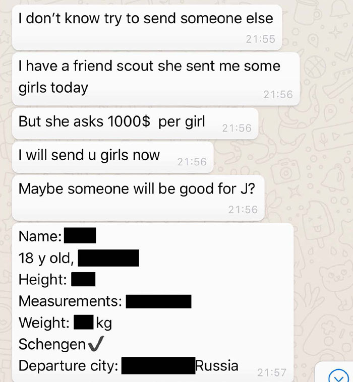 Chat messages discussing girls for sale, part of new Epstein files revealing photos of women marked with disturbing messages. Chat messages discussing girls for sale, part of new Epstein files revealing photos of women marked with disturbing messages.