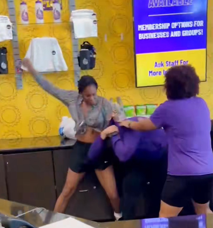 Woman involved in Miami gym altercation punching employee while another person tries to intervene in the dispute.