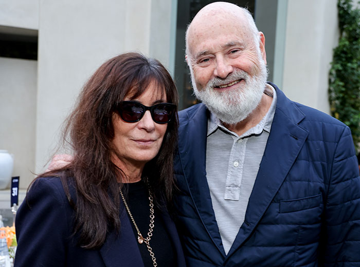 Rob Reiner smiling outdoors with a woman wearing sunglasses at a social event, headline about son confession.