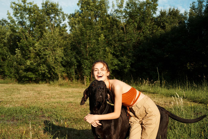 Young woman hugging a large black dog outdoors on a sunny day near a forest, showing mil house Christmas dog joy.