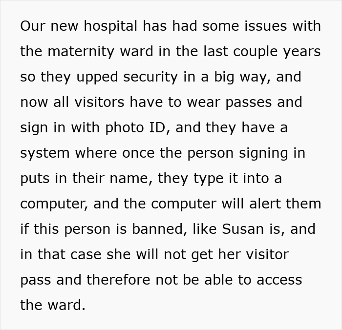Text explaining hospital maternity ward security updates with visitor passes, photo ID, and computer alerts for banned individuals.
