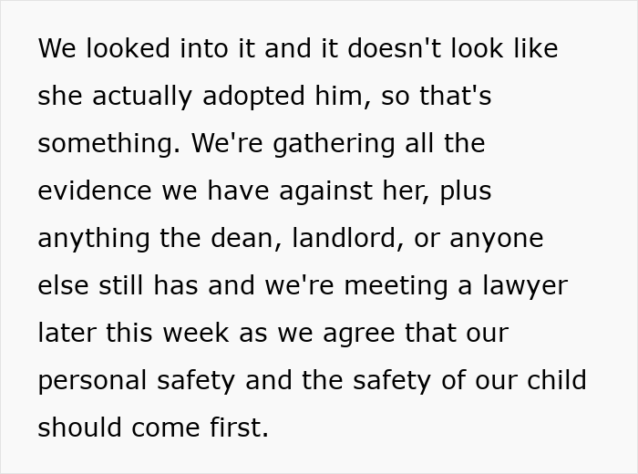 Text excerpt discussing personal safety concerns after uncovering evidence related to unhinged MIL losing her job due to revengeful DIL.
