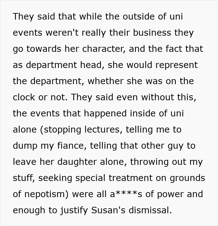 Text excerpt discussing a department head's behavior and events leading to her dismissal related to nepotism and a***e of power.