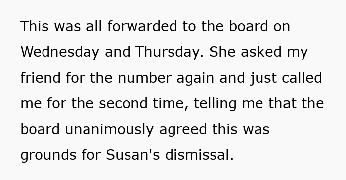 Text message about board agreeing on grounds for dismissal, highlighting revengeful DIL affecting MIL&rsquo;s job promotion.
