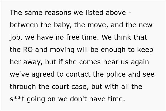 Text about a job, move, and baby causing no free time, with plans involving police and a court case.
