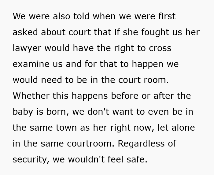 Text about court fears related to baby&rsquo;s birth and safety concerns about being in the courtroom or same town.