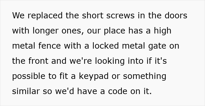 Text discussing replacing short screws in doors with longer ones and exploring keypad installation for metal fence security.