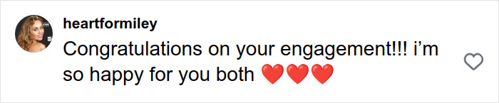 Comment congratulating Miley Cyrus and Maxx Morando on their engagement with red heart emojis.