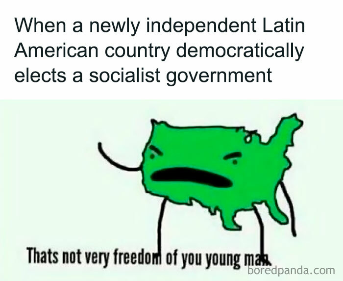 Cartoon map of the US angrily reacting to a socialist government elected in a Latin American country, history memes humor.