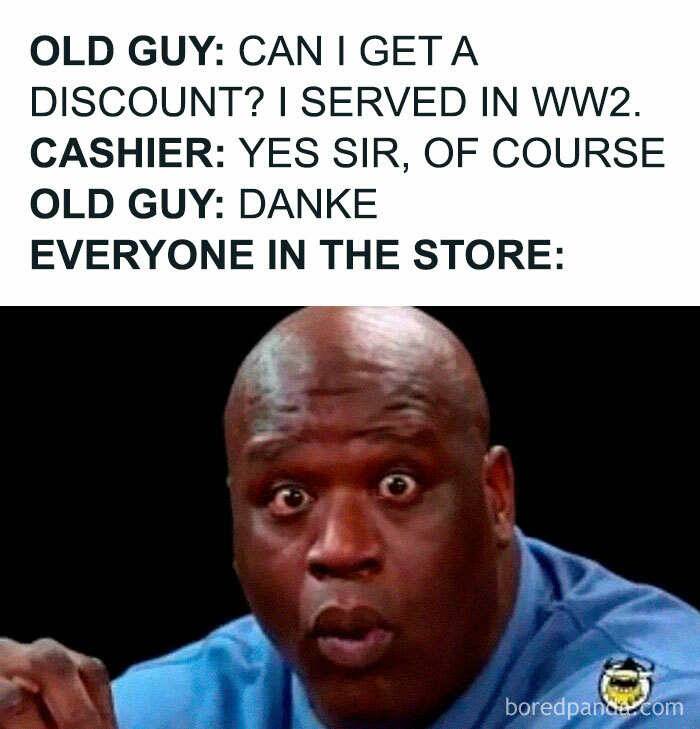 Man in blue shirt with shocked expression reacting to funny history meme about WWII and language mix-up.