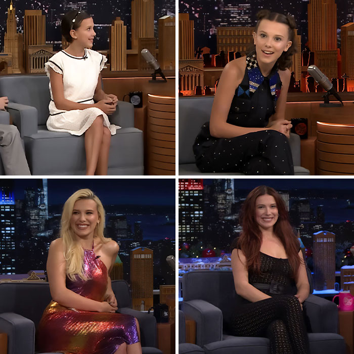 Millie Bobby Brown on Fallon in various outfits, with fans comparing her past and latest sheer adult looks.